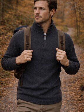 SKYR Merino Wool Quarter Zip Sweater Men’s L Gray Pullover Classic Minimalist